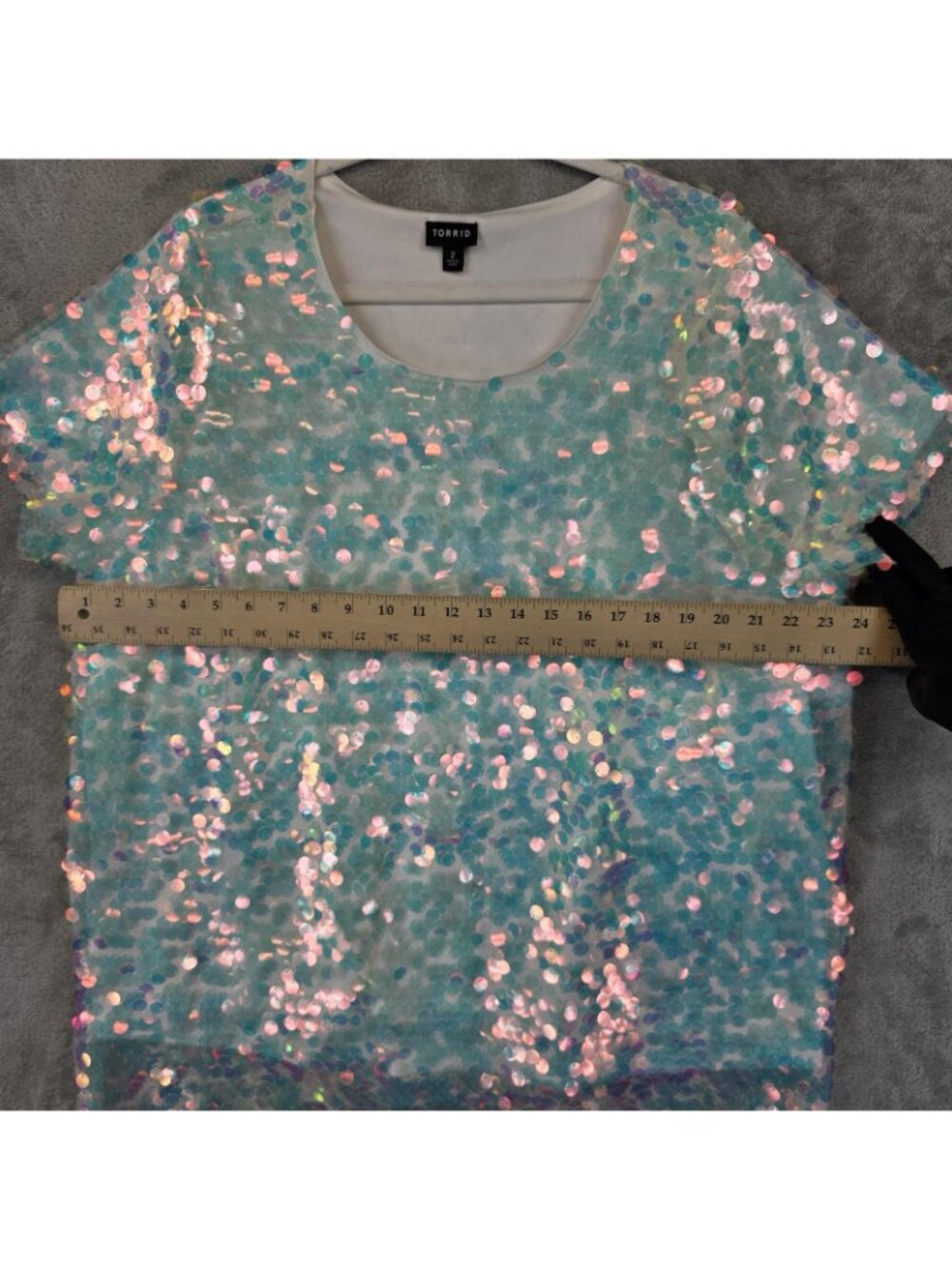 Torrid Shirt Womens 2X Plus Blue Scoop Neck Short Sleeve Sequin Mesh Lined Party - Picture 8 of 10